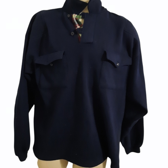 Mens Pullover Top Fleece Blue Medium Pockets Button - Picture 1 of 5